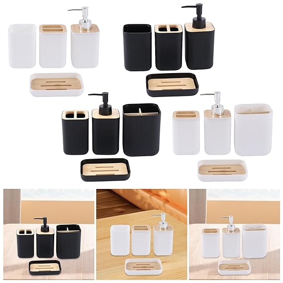 Collection of black and white bathroom accessories with wooden accents on a white background.
