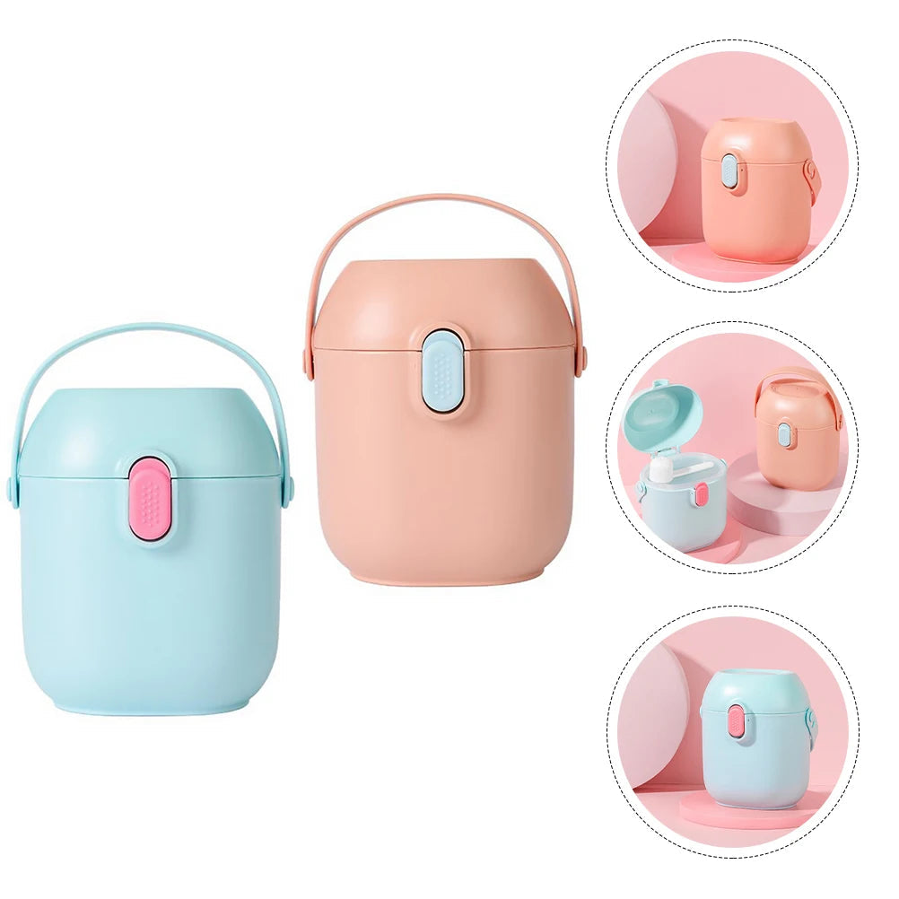 Two small portable containers, one blue and one pink, with handles on a white background.