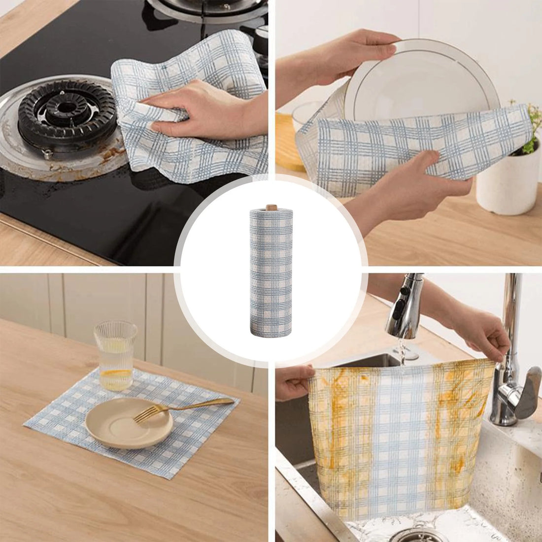 Person holding a checkered fabric basket with a cylindrical fabric roll on a wooden surface.