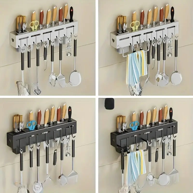 Wall-mounted kitchen utensil holder with various tools on a tiled wall.