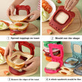 Step-by-step process of using a sandwich maker with various colored models.