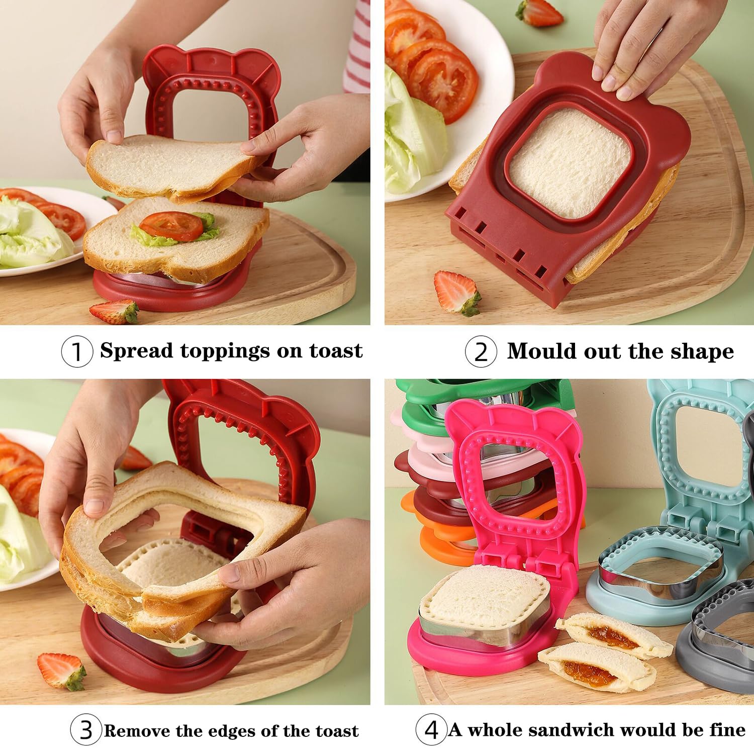 Step-by-step process of using a sandwich maker with various colored models.