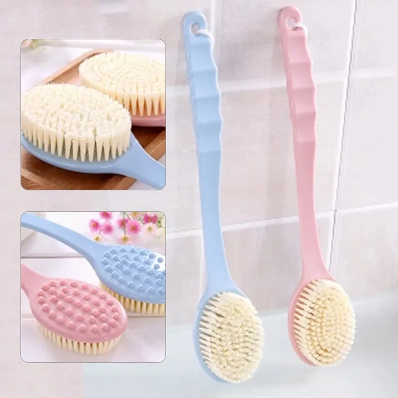Two long-handled scrub brushes, one blue and one pink, with close-up insets showing their bristle heads.