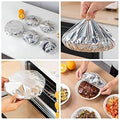 Set of images showing the use of aluminum foil for wrapping food and covering dishes.