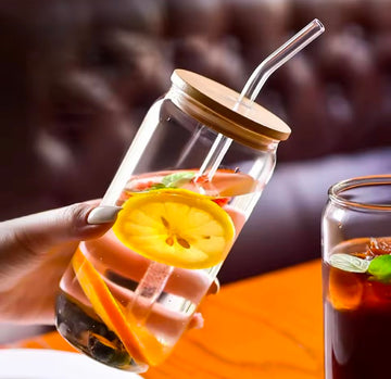 Glass With Wooden Lid and Straw Transparent Milk Tea Cup Glass Drinking set Milk Mocha Cap for Cocktail Whiskey