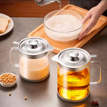Transparent Glass Oil Filter Pot With Scale Kitchen Oil Separator &  Storage Tank With Fine Mesh Strainer Grease Container