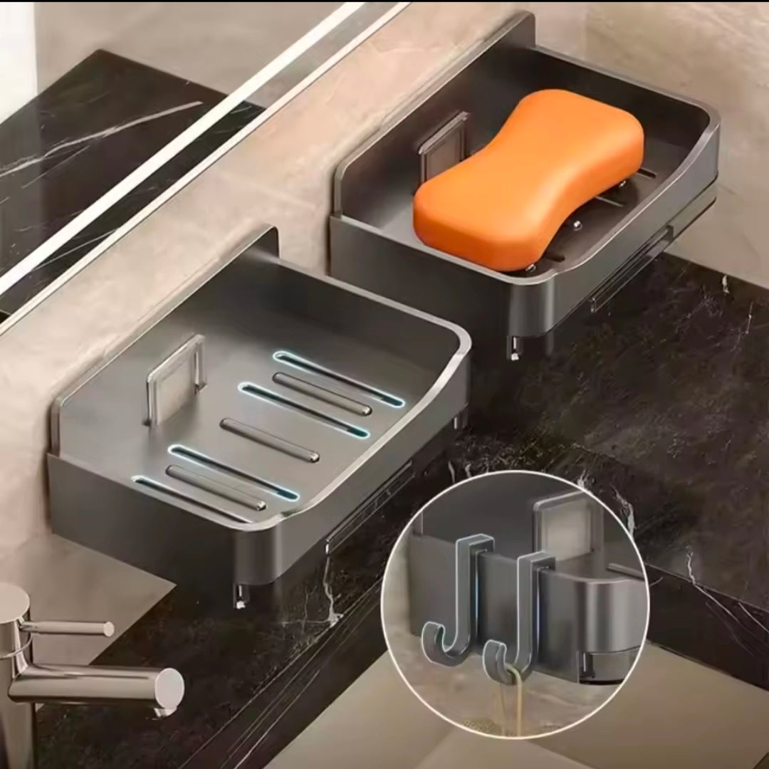 Bathroom Soap Dish Free Punch Wall Mount Sticker Soap Sponge Handle Organizer Double Drain Dish With Hooks Accessories