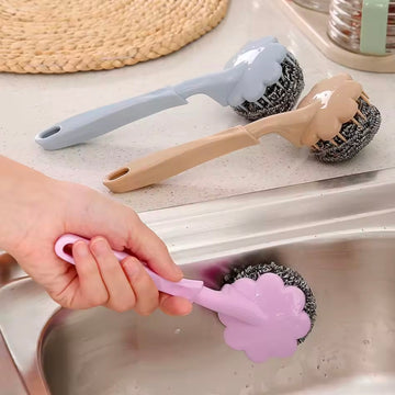 Flower Shape Steel Wire Ball Brush Long Handle Metal Scouring Pad Kitchen Bathroom Pan Pot Cleaning Coffee