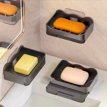 Bathroom Soap Dish Free Punch Wall Mount Sticker Soap Sponge Handle Organizer Double Drain Dish With Hooks Accessories