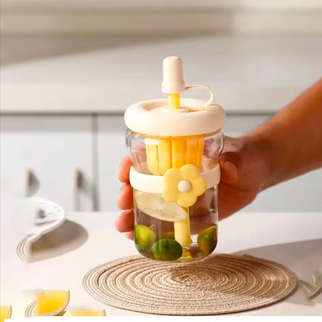 Flower Cup High Aesthetic Glass Portable Straw Cup Water Cup