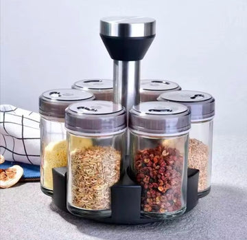 Kitchen Glass Seasoning Storage Bottle With Lip Salt White Red Sugar Spice Jar Combination Rotating Shelf Seasoning Bottle