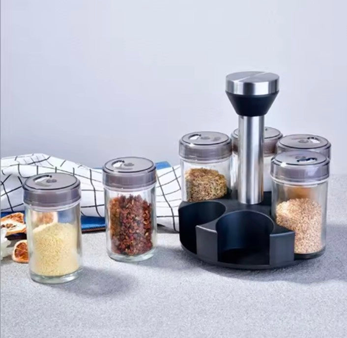 Kitchen Glass Seasoning Storage Bottle With Lip Salt White Red Sugar Spice Jar Combination Rotating Shelf Seasoning Bottle