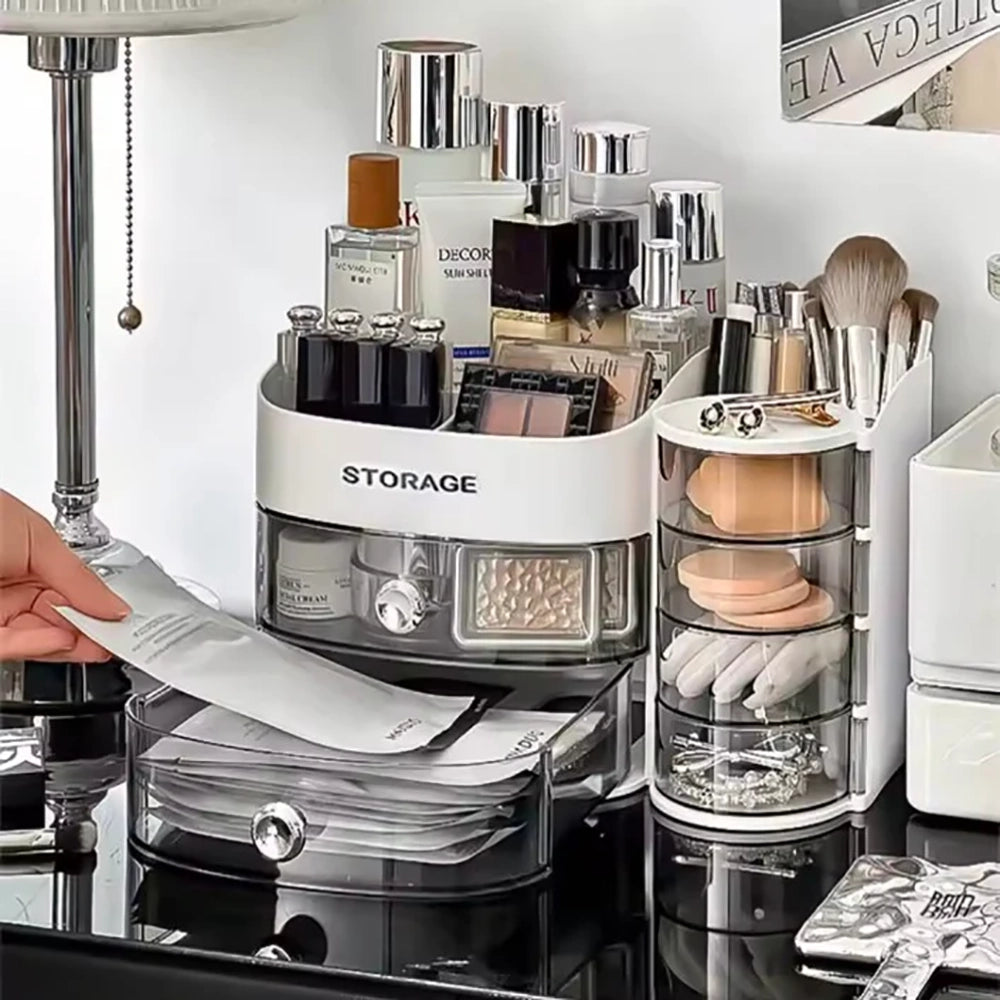 360 Degree Rotating Makeup Brushes Organizer Desk Organizer Cosmetic Storage Box with Drawers Large Capacity Storage Basket