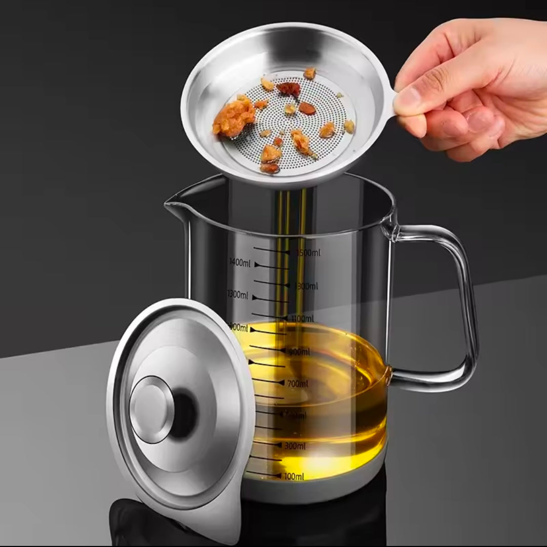 Transparent Glass Oil Filter Pot With Scale Kitchen Oil Separator &  Storage Tank With Fine Mesh Strainer Grease Container