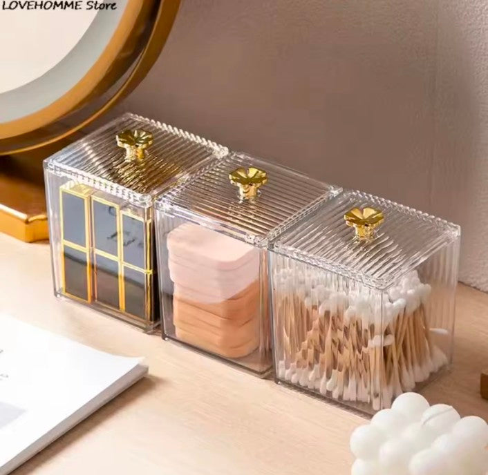 Elegant Minimalist Dustproof Makeup Cotton Swab Storage Box Cosmetic Organizer Desktop  Makeup Desk Accessories Plastic Material