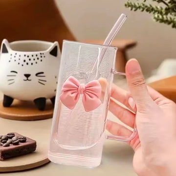 Summer Drinks Household Glasses With Straws Cold Drinks Coffee Cups Bow Mugs Suitable for Girls High-Value Drinking Gifts