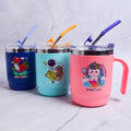 Three colorful mugs with cartoon designs and straws on a light gray background