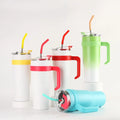 Set of colorful tumblers with handles and straws on a white background