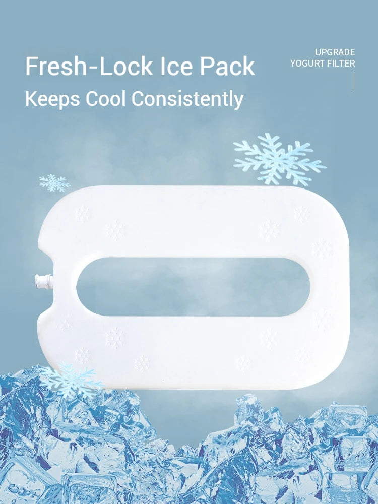 White ice pack with text 'Fresh-Lock Ice Pack Keeps Cool Consistently' on a blue background with ice crystals.