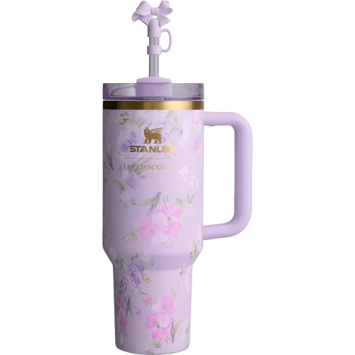 Pink floral Stanley tumbler with handle and straw on a white background