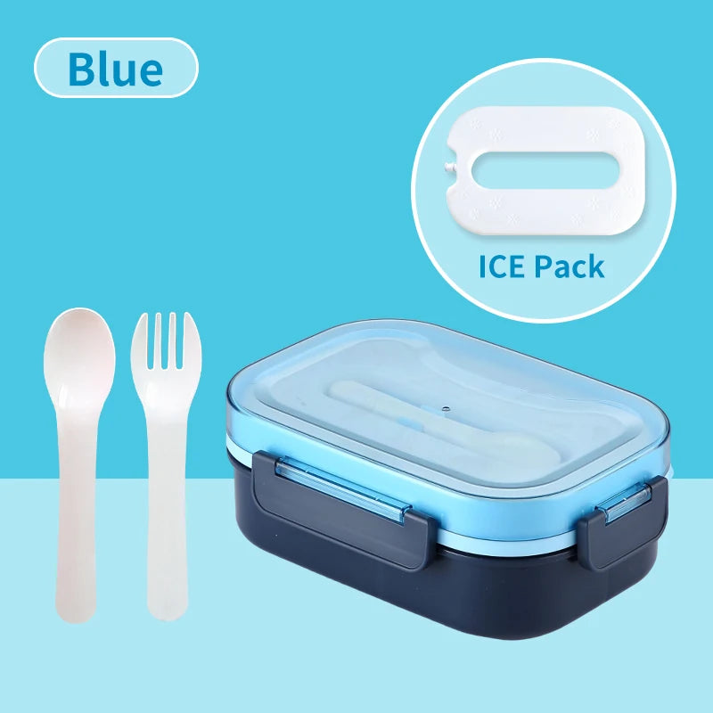 Blue lunch box with ice pack, spoon, and fork on a blue background