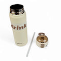 Beige water bottle with 'drink' text, straw, and cap on a white background
