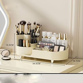 Makeup organizer with brushes and products on a reflective surface