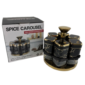 Spice carousel with packaging on a white background