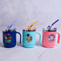 Three colorful children's cups with straws on a marble surface