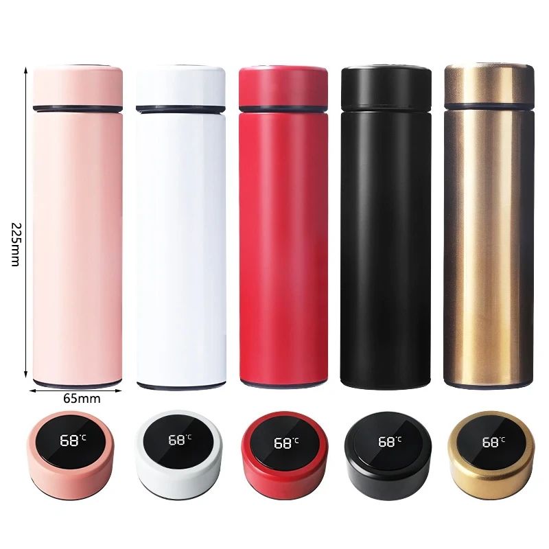 Set of six insulated bottles in different colors with digital temperature displays and dimensions.