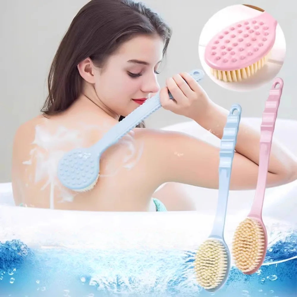 Woman in a bathtub using a body brush with additional brushes displayed above her.