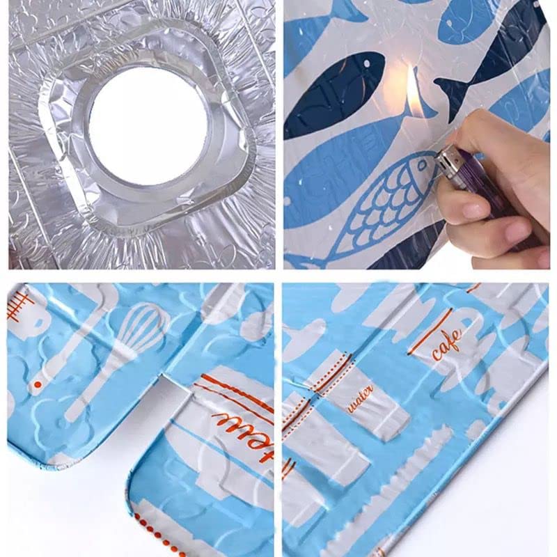 Person placing a portable gas stove on a blue mat with cartoon designs.