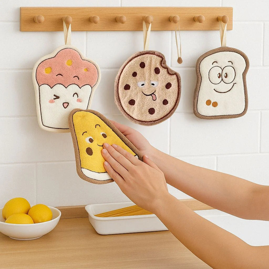 Four cartoon-themed pot holders hanging on a wooden rack with a hand reaching for one of them.