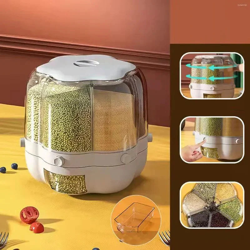 Clear container with compartments filled with different types of grains on a yellow surface.