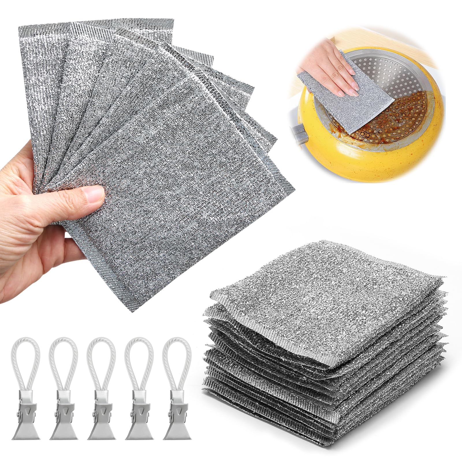 Set of gray scrubber pads with handles, shown in various settings.