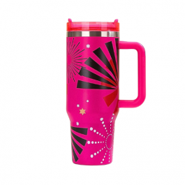 Pink travel mug with black abstract design on a white background