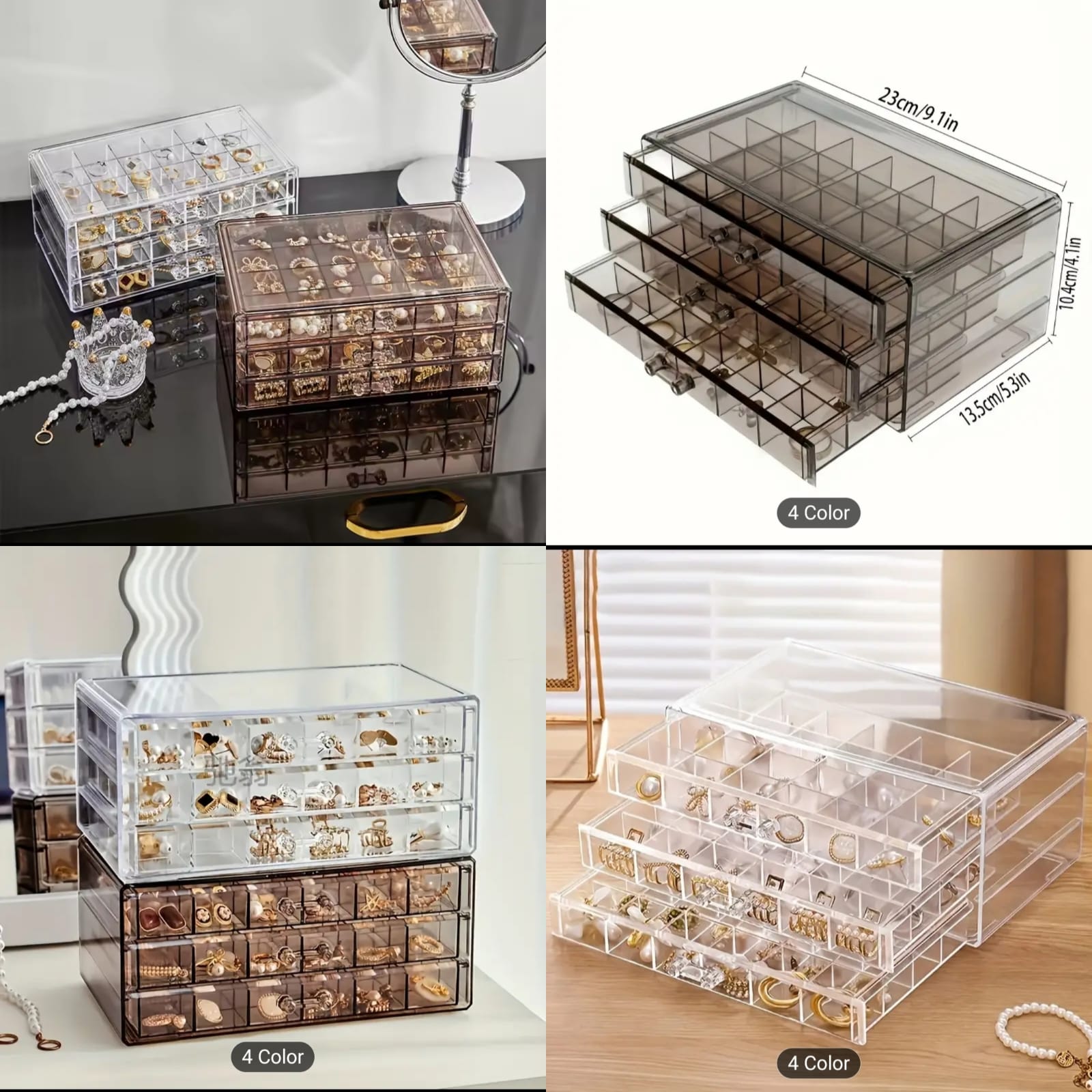 Clear jewelry organizer with multiple drawers displaying jewelry on a table.