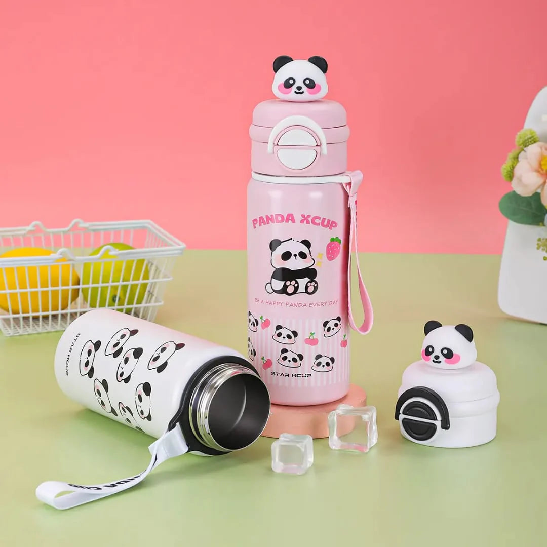 Pink panda-themed water bottle with a matching panda-shaped lid on a green surface.
