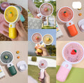 Collage of small handheld fans with colorful designs held by people.