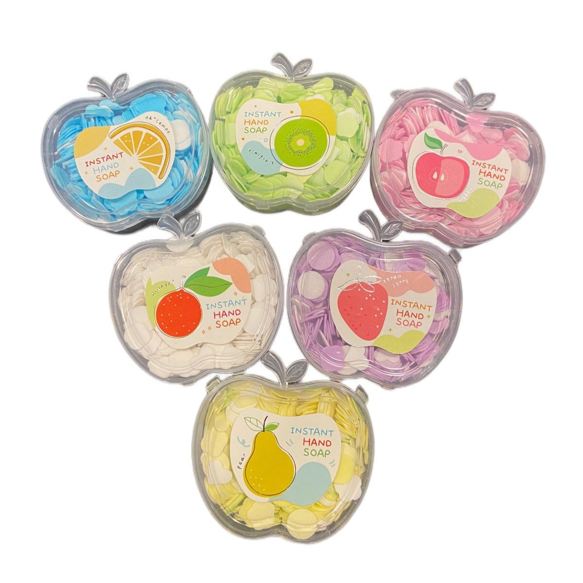 Set of six instant hand soap packs in apple-shaped containers with colorful labels.