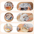 Steps showing how to use aluminum foil for food preparation.