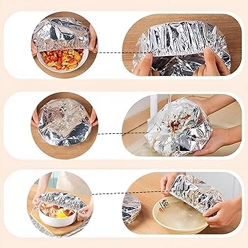 Steps showing how to use aluminum foil for food preparation.