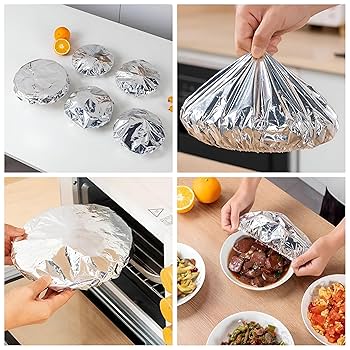 Set of images showing the use of aluminum foil for wrapping food and covering dishes.