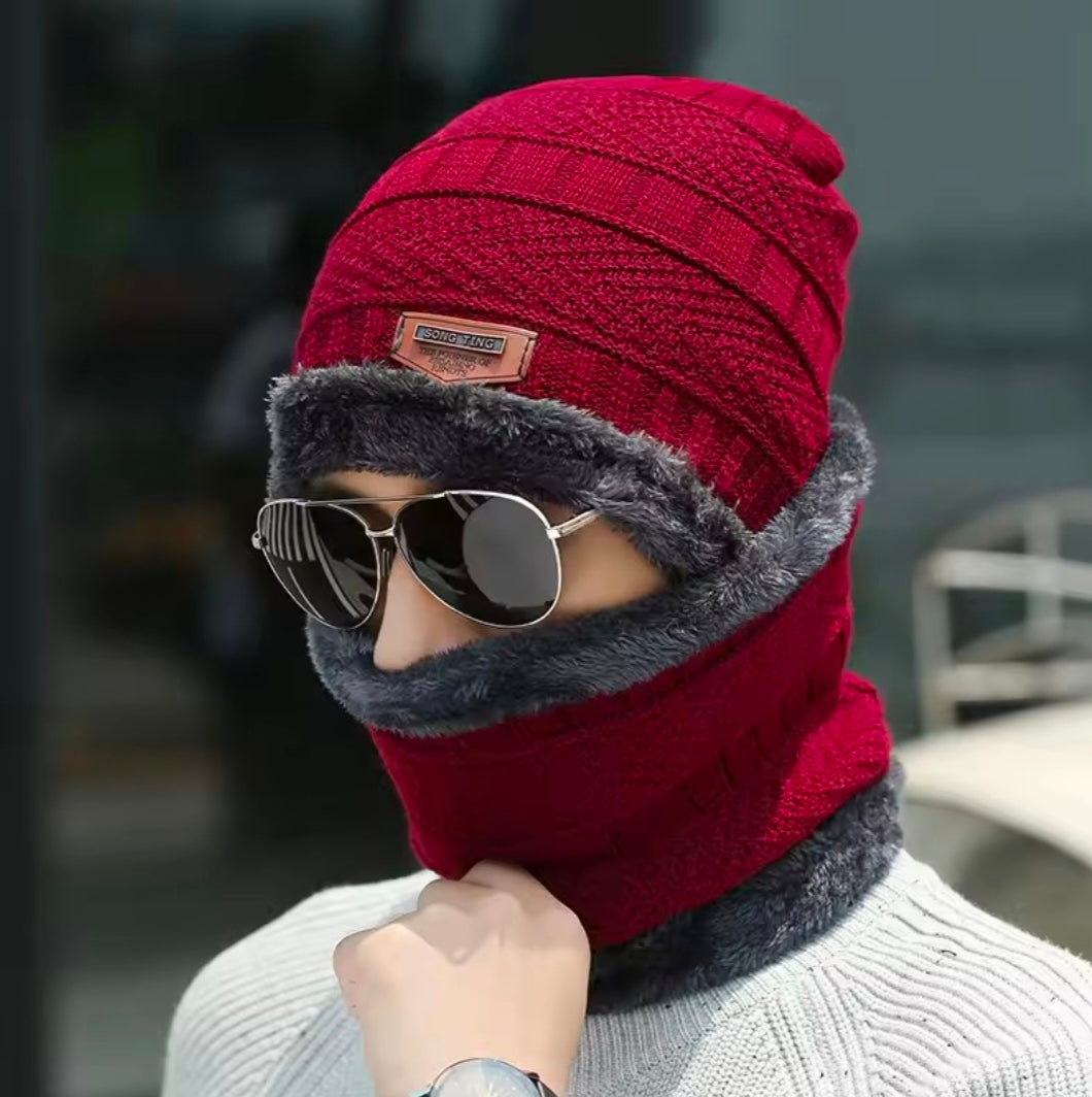 Men Warm Winter Knitted Beanie Hat Thick Knitted Hat Outdoor Riding Hat Warm Thickening Velvet Neck Protect Cap Motorcycle Mask