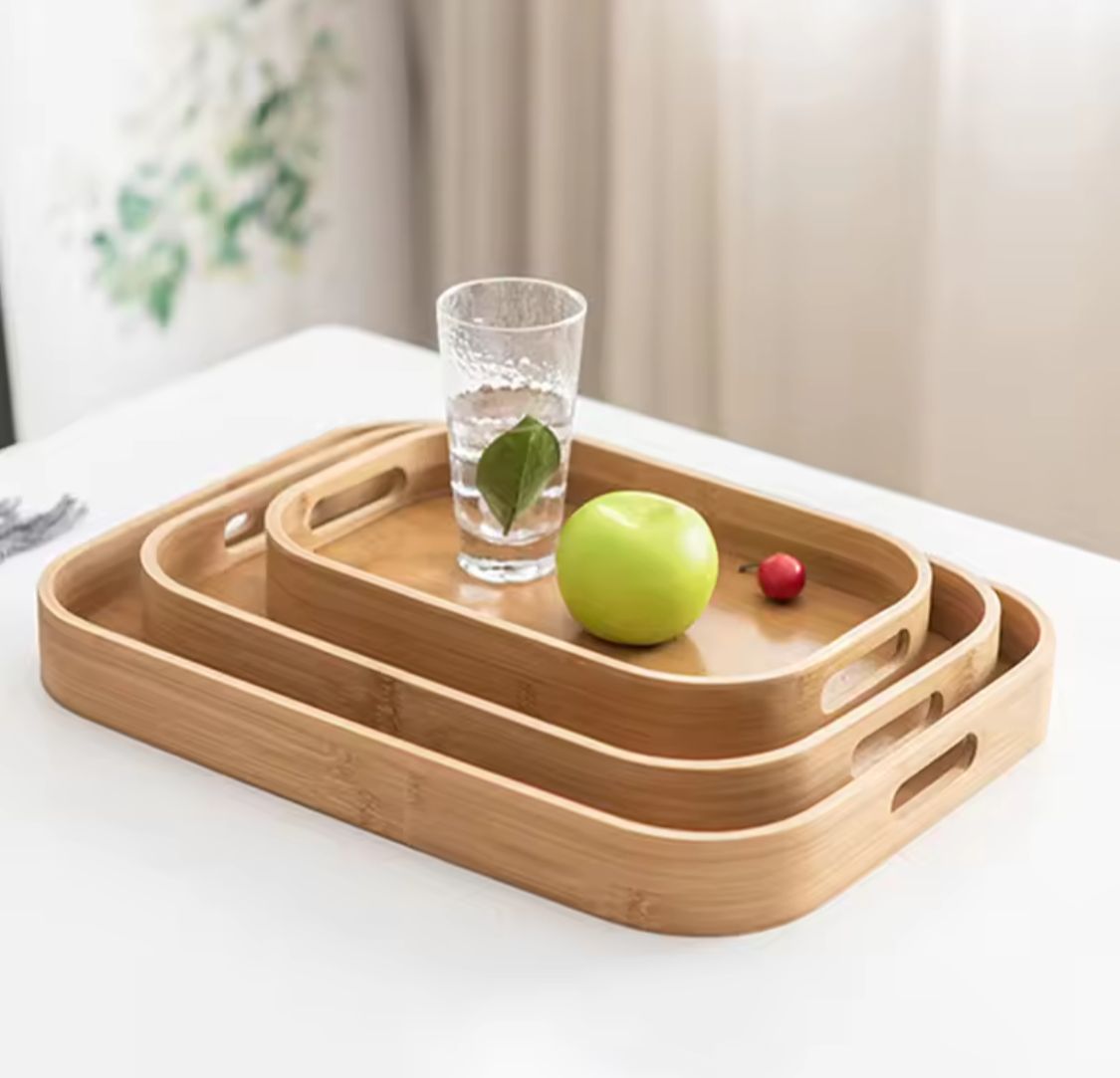 Multipurpose Round Rectangular Bamboo Wooden Serving Tray Household Tea Coffee Trays Kitchen Storage Tray for Breakfast Food