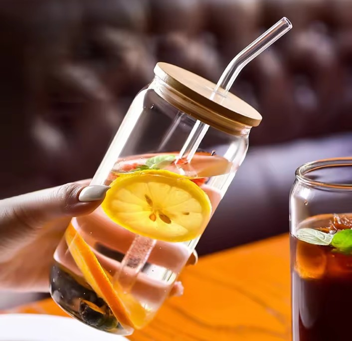 Glass With Wooden Lid and Straw Transparent Milk Tea Cup Glass Drinking set Milk Mocha Cap for Cocktail Whiskey