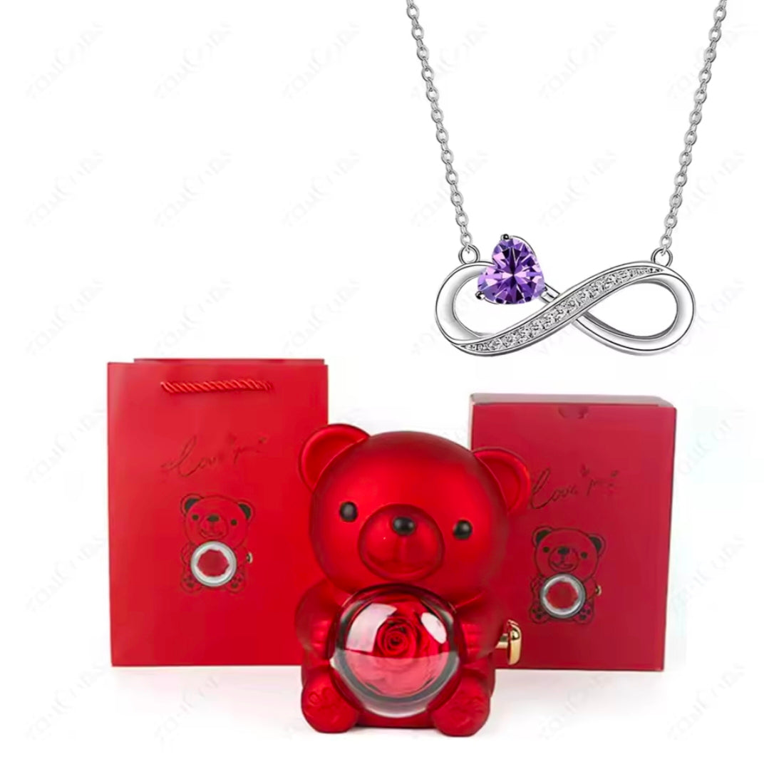 Red Heart Zircon Pendant Necklaces With Cute Bear Rose Gift Box For Women
