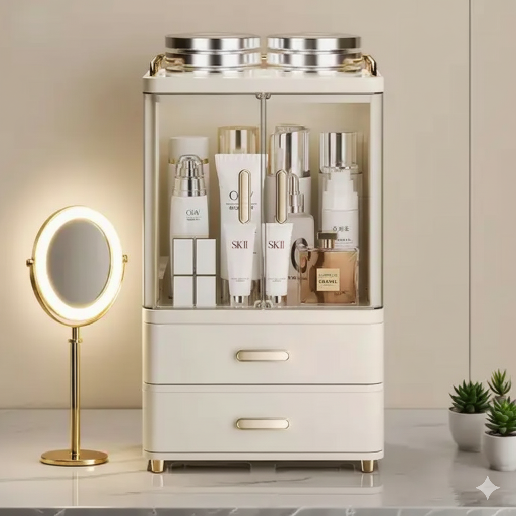 Cosmetics Storage box Desktop Large Capacity Makeups Organizer Countertop Dustproof Cosmetic Skincare Storage for Home Bathroom