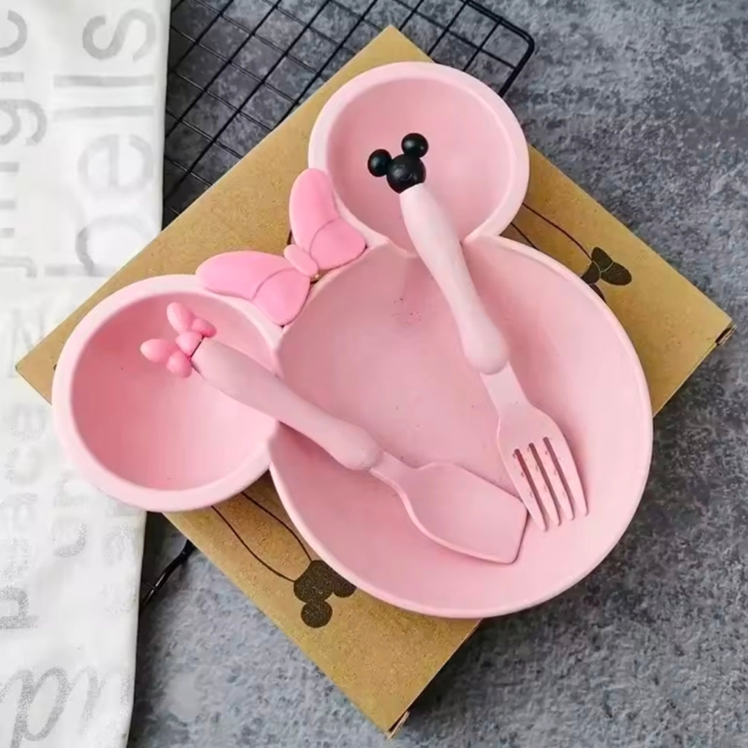Cartoon Baby Bowl Tableware Set Wheat Straw Children's Dishes Kids Dinner Feeding Plate Bowknot Food Plate Spoon Fork