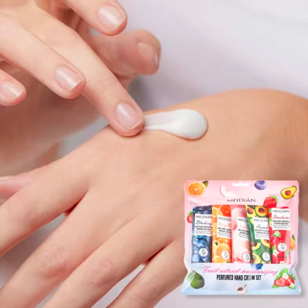 Meidian Fruit Fragrance Hand Cream Bag Set 5-Pack Moisturizing and Hydrating Hand Cream Set Autumn and Winter Prevents Dryness and Cracking Hand Care Cream Set Skin Softening and Nourishing Hand Moisturizing Cream Combination Pack Christmas Gift Birthday
